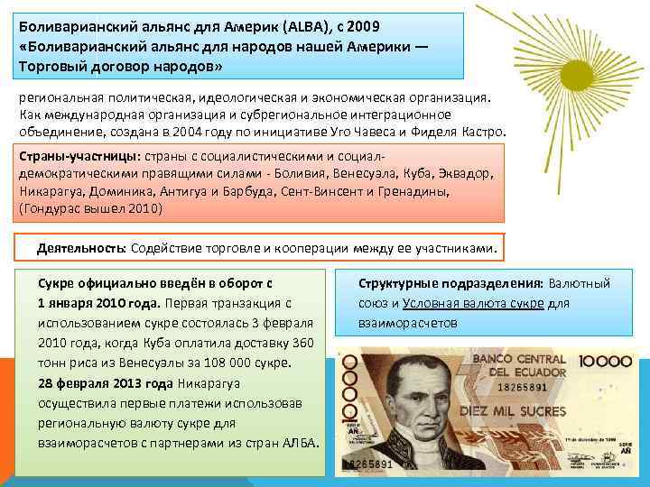 Боливарианский альянс для Америк (ALBA), с 2009 «Боливарианский альянс для народов нашей Америки —