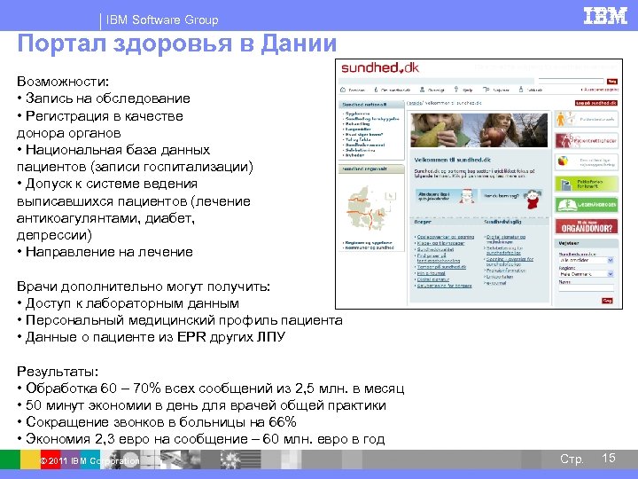 IBM Software Group Портал здоровья в Дании Возможности: • Запись на обследование • Регистрация