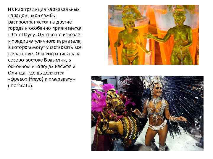 Из Рио традиция карнавальных парадов школ самбы распространяется на другие города и особенно приживается