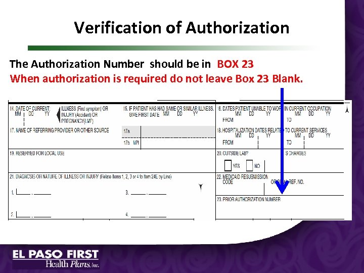 Verification of Authorization The Authorization Number should be in BOX 23 When authorization is