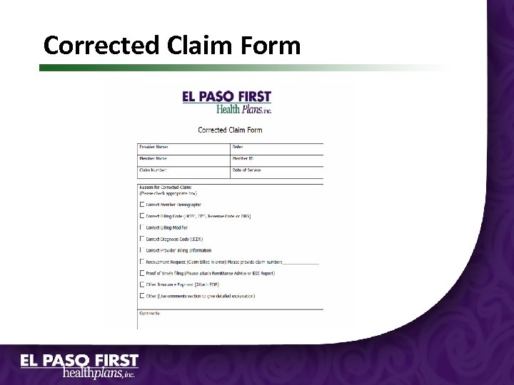 CONDITIONDICATOR CODES Corrected Claim Form 