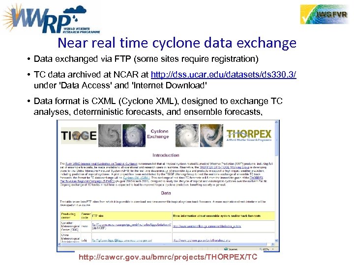 Near real time cyclone data exchange • Data exchanged via FTP (some sites require