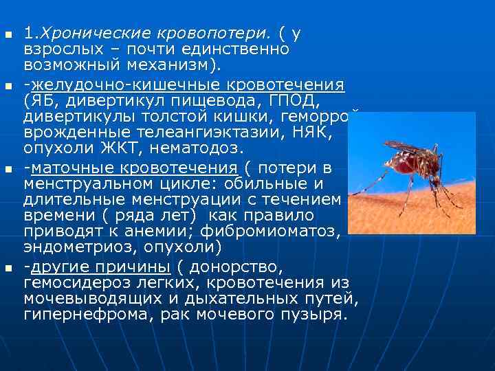 n n 1. Хронические кровопотери. ( у взрослых – почти единственно возможный механизм). -желудочно-кишечные
