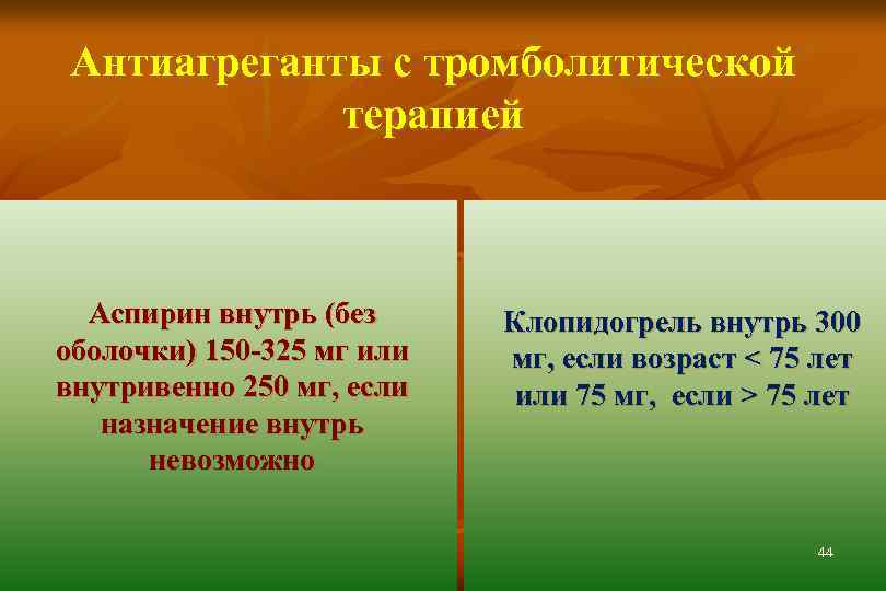 Антиагреганты с тромболитической терапией Аспирин внутрь (без оболочки) 150 -325 мг или внутривенно 250