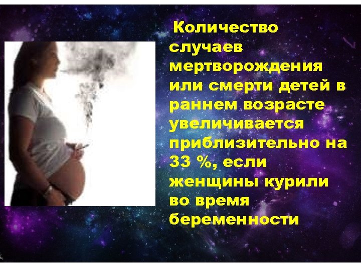 Количество случаев мертворождения или смерти детей в раннем возрасте увеличивается приблизительно на 33 %,