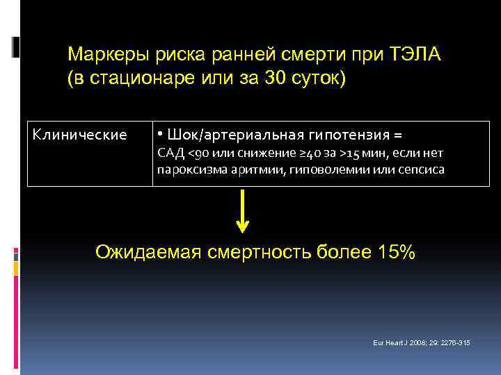 Маркеры риска ранней смерти при ТЭЛА (в стационаре или за 30 суток) Клинические •