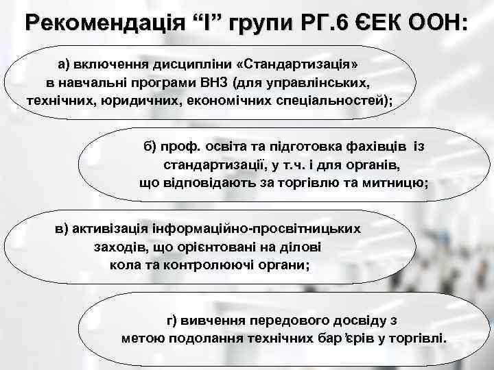 Рекомендація “I” групи РГ. 6 ЄЕК ООН: а) включення дисципліни «Стандартизація» в навчальні програми