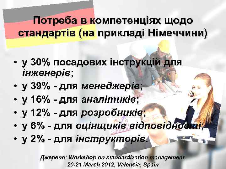 Потреба в компетенціях щодо стандартів (на прикладі Німеччини) • у 30% посадових інструкцій для