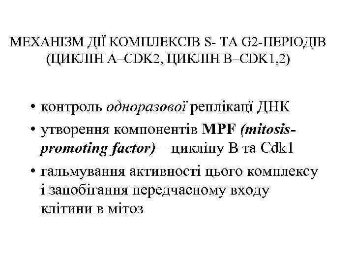 МЕХАНІЗМ ДІЇ КОМПЛЕКСІВ S- ТА G 2 -ПЕРІОДІВ (ЦИКЛІН А–CDK 2, ЦИКЛІН B–CDK 1,