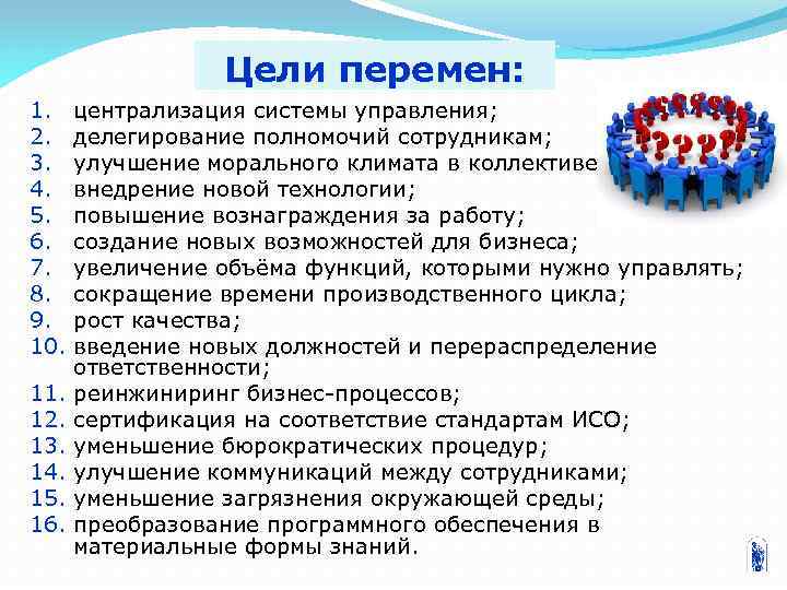 Цели перемен: 1. 2. 3. 4. 5. 6. 7. 8. 9. 10. 11. 12.
