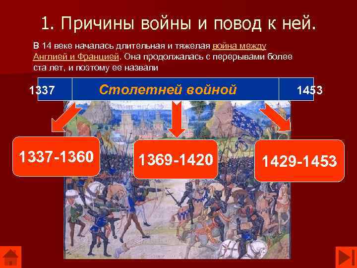 1. Причины войны и повод к ней. В 14 веке началась длительная и тяжелая