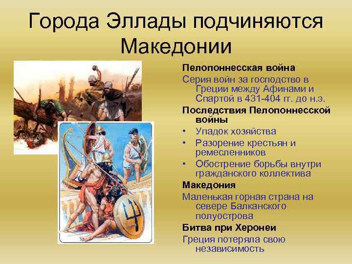 Города Эллады подчиняются Македонии Пелопоннесская война Серия войн за господство в Греции между Афинами