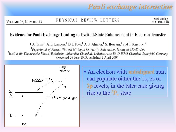 Pauli exchange interaction • An electron with antialigned spin can populate either the 1