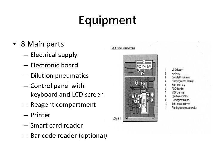 Equipment • 8 Main parts – – – – Electrical supply Electronic board Dilution