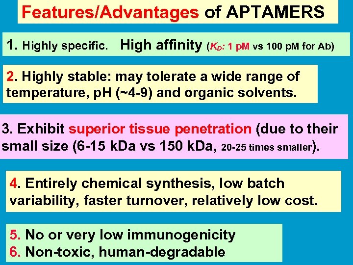 Features/Advantages of APTAMERS 1. Highly specific. High affinity (KD: 1 p. M vs 100