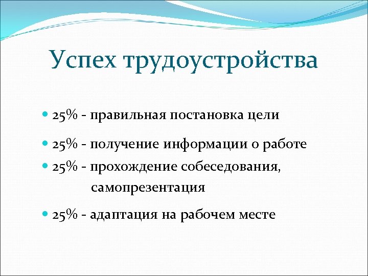 Успех трудоустройства 25% - правильная постановка цели 25% - получение информации о работе 25%