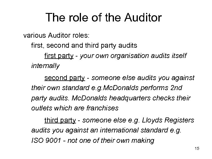 The role of the Auditor various Auditor roles: first, second and third party audits