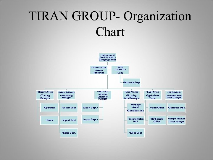 TIRAN GROUP- Organization Chart • Haim Avioz & David Behrisch – Managing Prtners •