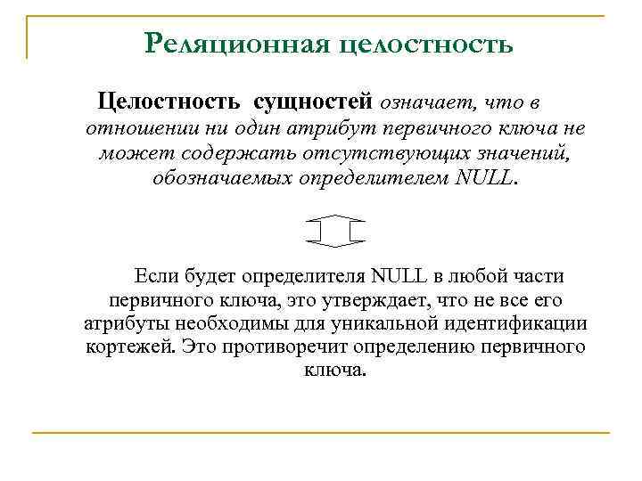 Реляционная целостность Целостность сущностей означает, что в отношении ни один атрибут первичного ключа не