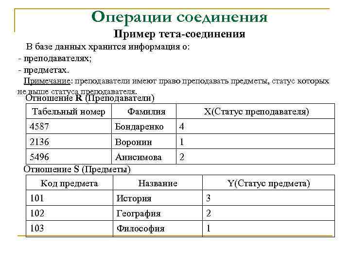 Операции соединения Пример тета-соединения В базе данных хранится информация о: - преподавателях; - предметах.