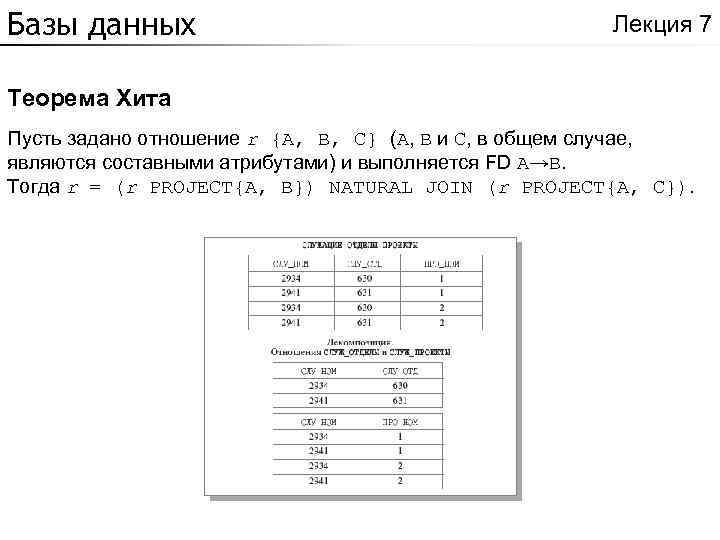 Базы данных Лекция 7 Теорема Хита Пусть задано отношение r {A, B, C} (A,