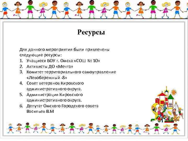 Ресурсы Для данного мероприятия были привлечены следующие ресурсы: 1. Учащиеся БОУ г. Омска «СОШ