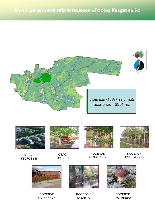 Муниципальное образование «Город Кедровый» Площадь -1, 697 тыс. км 2 Население - 3301 чел.