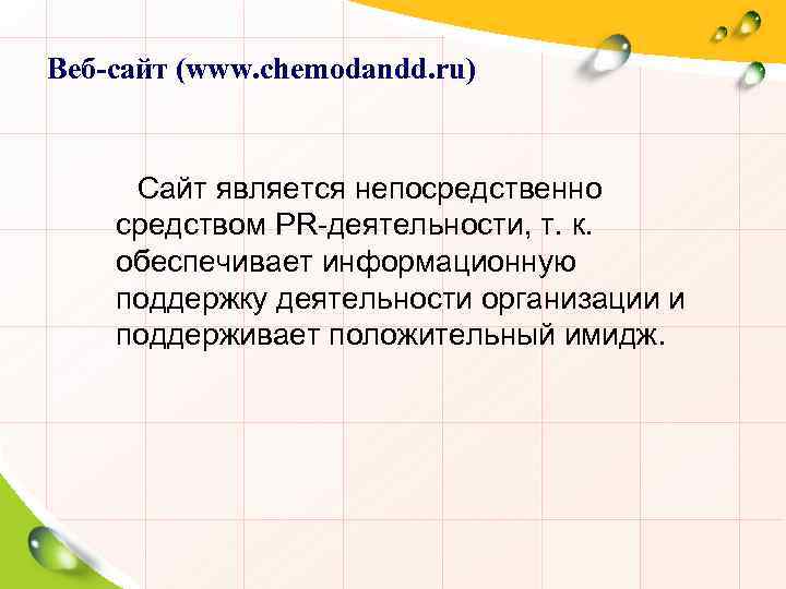 Веб-сайт (www. chemodandd. ru) Сайт является непосредственно средством PR-деятельности, т. к. обеспечивает информационную поддержку