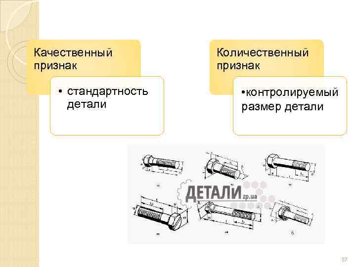 Качественный признак • стандартность детали Количественный признак • контролируемый размер детали 57 