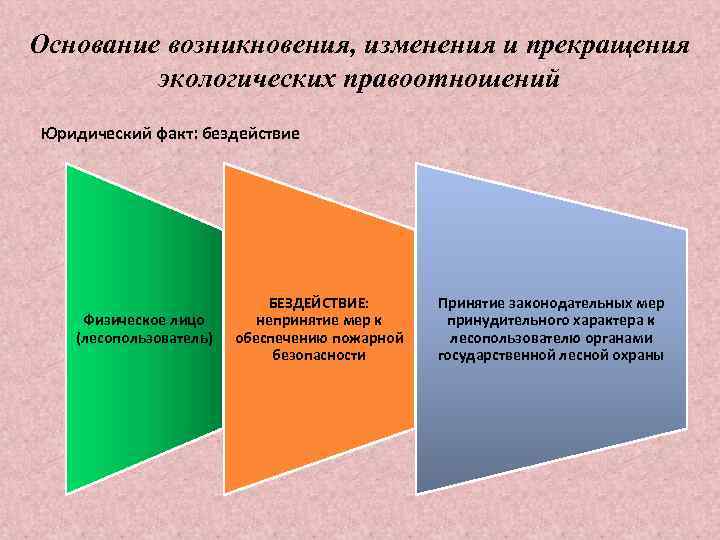 Основание возникновения, изменения и прекращения экологических правоотношений Юридический факт: бездействие Физическое лицо (лесопользователь) БЕЗДЕЙСТВИЕ: