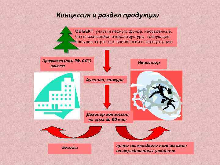 Концессия и раздел продукции ОБЪЕКТ: участки лесного фонда, неосвоенные, без сложившейся инфраструктуры, требующие больших