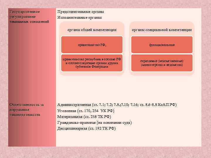 Государственное регулирование земельных отношений Представительные органы Исполнительные органы: органы обшей компетенции правительство РФ, функциональные