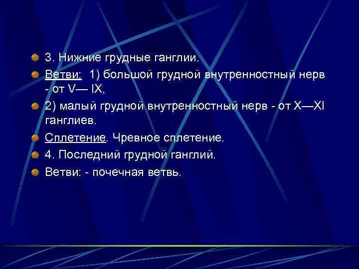 3. Нижние грудные ганглии. Ветви: 1) большой грудной внутренностный нерв от V— IX, 2)