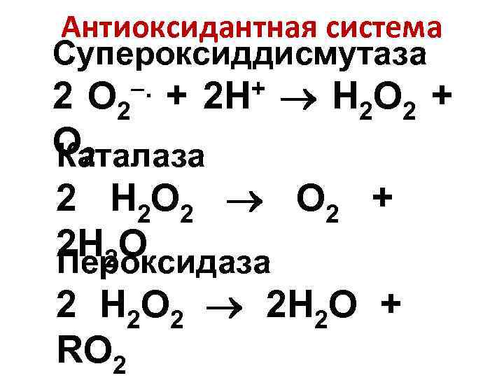 Антиоксидантная система Супероксиддисмутаза . + 2 Н 2 O 2 + O 2 Каталаза