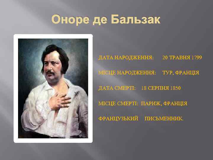 Оноре де Бальзак ДАТА НАРОДЖЕННЯ: 20 ТРАВНЯ 1799 МІСЦЕ НАРОДЖЕННЯ: ТУР, ФРАНЦІЯ ДАТА СМЕРТІ:
