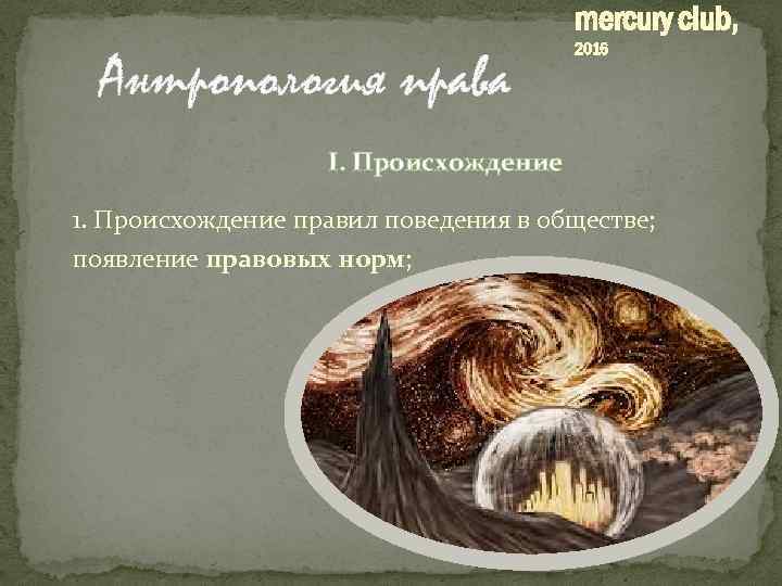 mercury club, Антропология права 2016 I. Происхождение 1. Происхождение правил поведения в обществе; появление