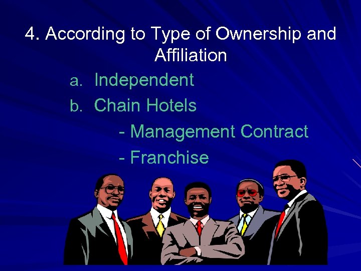 4. According to Type of Ownership and Affiliation a. Independent b. Chain Hotels -