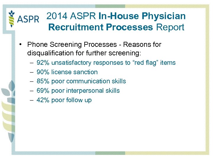 2014 ASPR In-House Physician Recruitment Processes Report • Phone Screening Processes - Reasons for