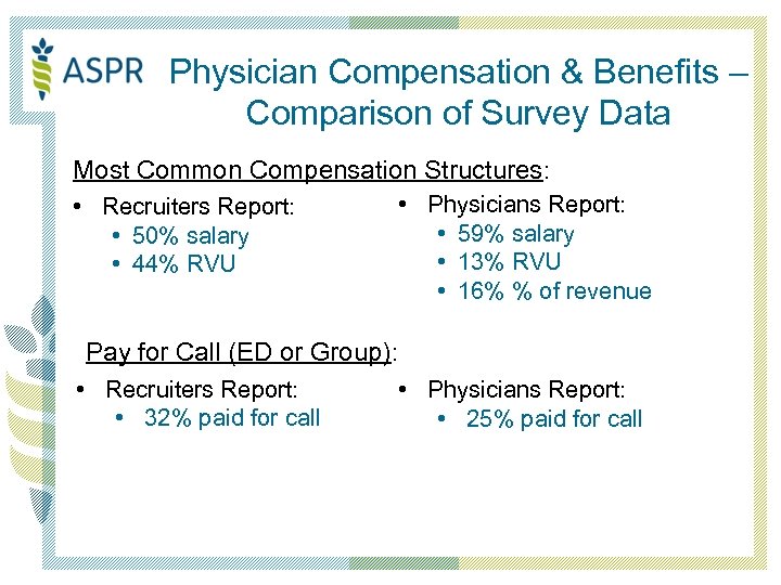 Physician Compensation & Benefits – Comparison of Survey Data Most Common Compensation Structures: •
