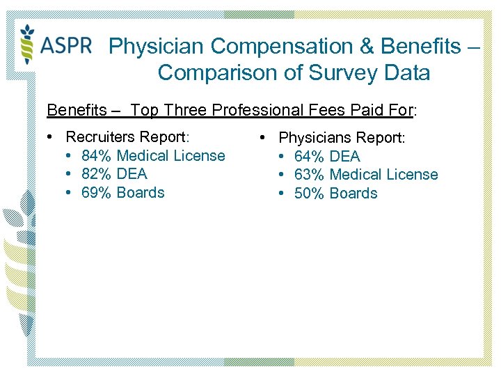 Physician Compensation & Benefits – Comparison of Survey Data Benefits – Top Three Professional