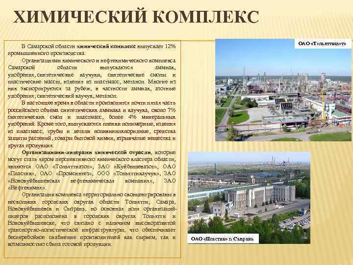 ХИМИЧЕСКИЙ КОМПЛЕКС В Самарской области химический комплекс выпускает 12% промышленного производства. Организациями химического и