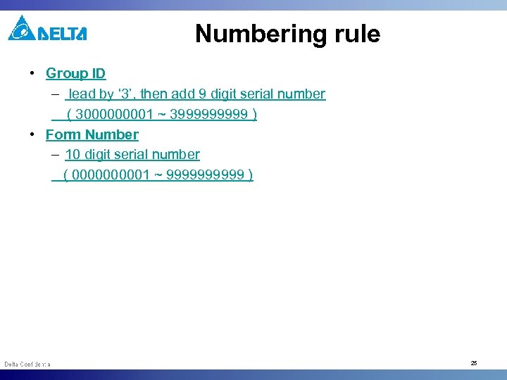 Numbering rule • Group ID – lead by ‘ 3’, then add 9 digit