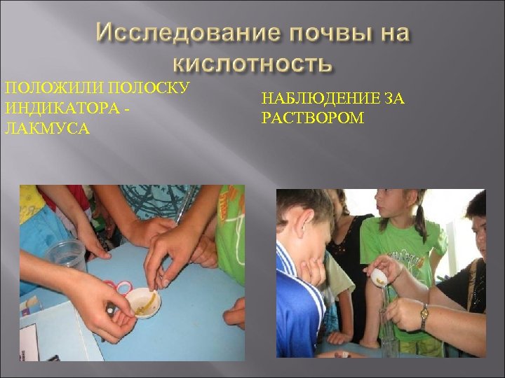 ПОЛОЖИЛИ ПОЛОСКУ ИНДИКАТОРА ЛАКМУСА НАБЛЮДЕНИЕ ЗА РАСТВОРОМ 