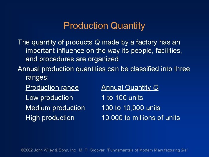 Production Quantity The quantity of products Q made by a factory has an important