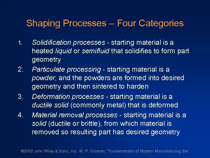 Shaping Processes – Four Categories 1. 2. 3. 4. Solidification processes - starting material