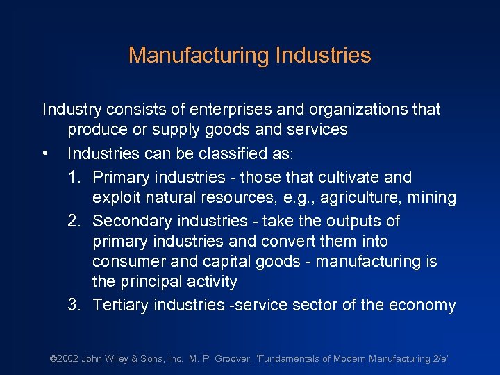Manufacturing Industries Industry consists of enterprises and organizations that produce or supply goods and