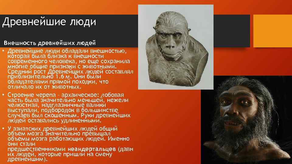 Древнейшие люди Внешность древнейших людей • Древнейшие люди обладали внешностью, которая была близка к