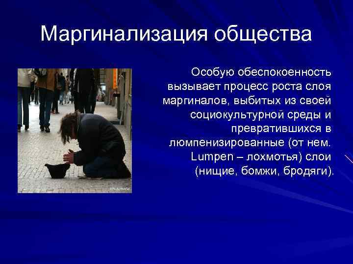 Маргинализация общества Особую обеспокоенность вызывает процесс роста слоя маргиналов, выбитых из своей социокультурной среды