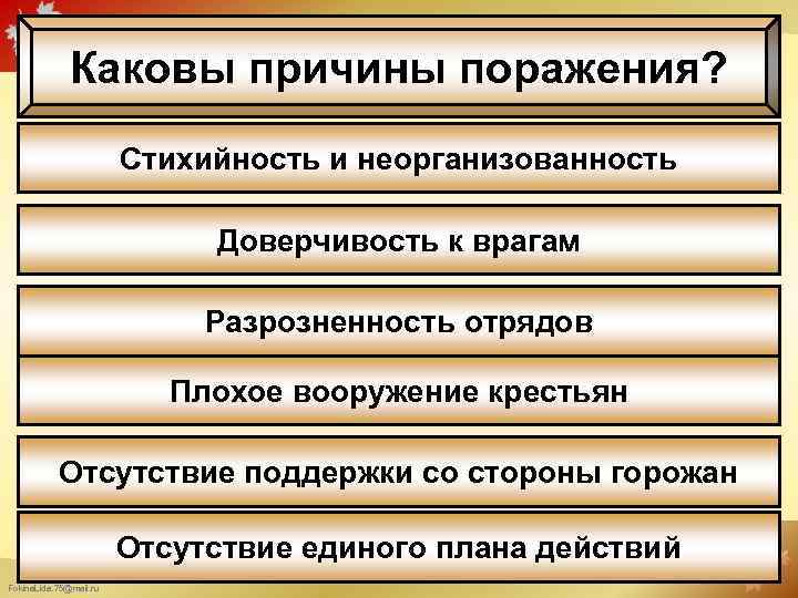 Каковы причины поражения? Стихийность и неорганизованность Доверчивость к врагам Разрозненность отрядов Плохое вооружение крестьян