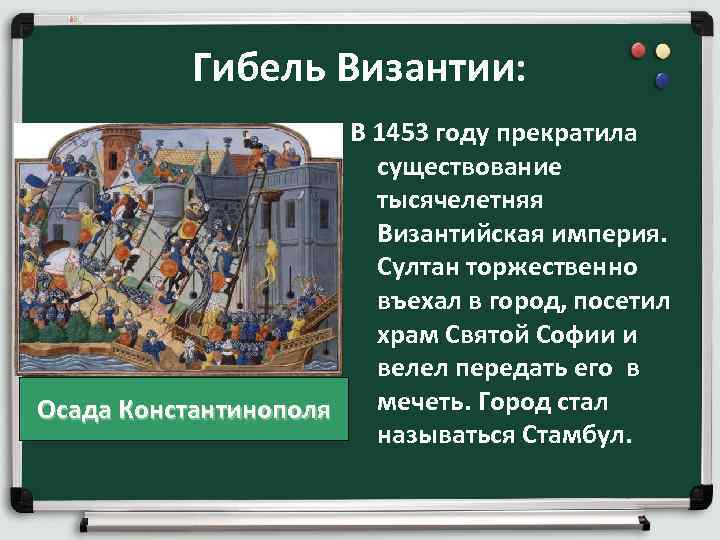 Гибель Византии: В 1453 году прекратила существование тысячелетняя Византийская империя. Султан торжественно въехал в